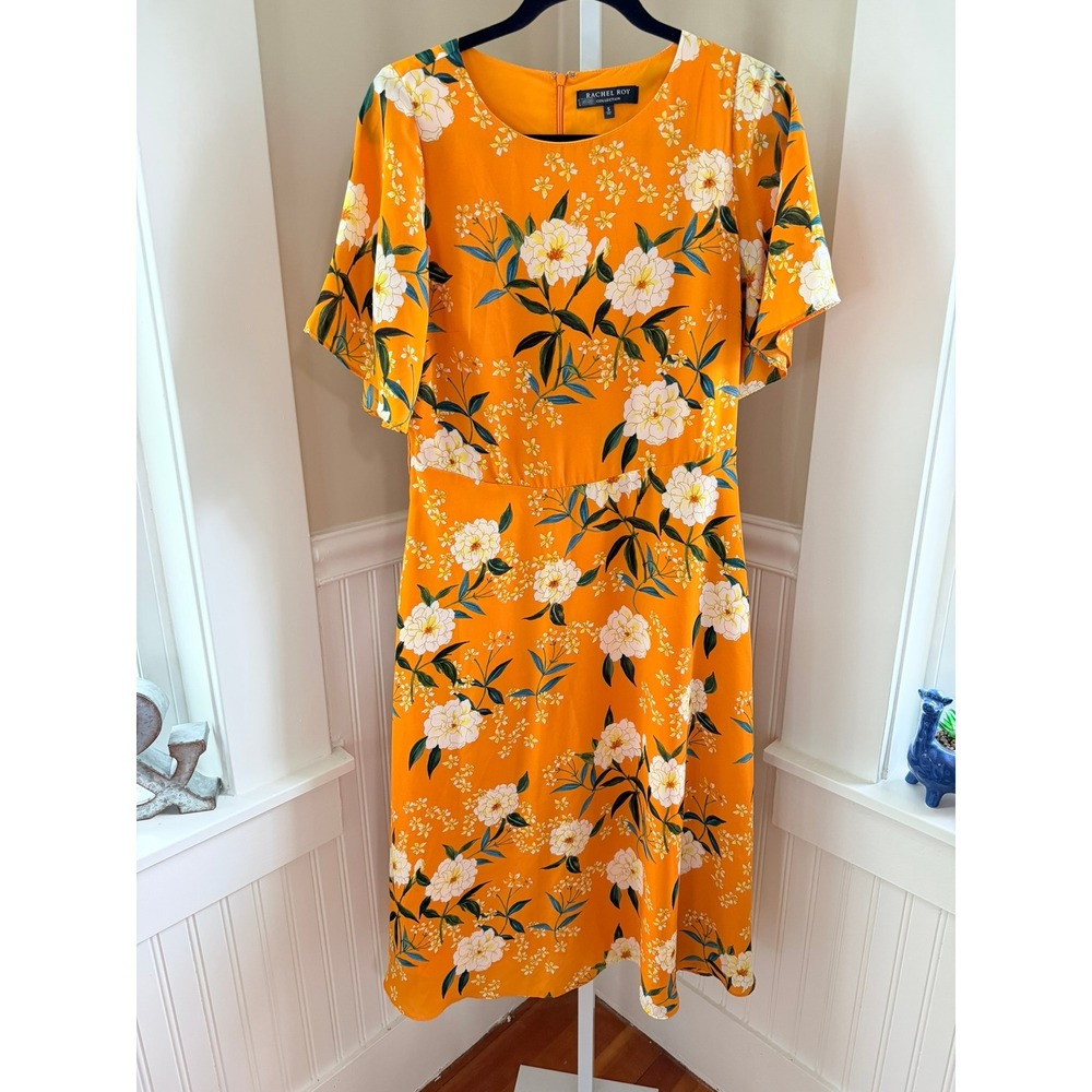 Rachel Roy Collection Orange Floral Flutter Sleeve Midi Dress Size S